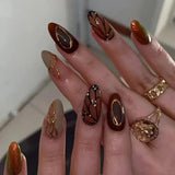 Xpoko 24pcs Leopard Print Fake Nails with Glue Almond Acrylic Press on False Nails Gold Lines French Nail Tips Sweet Cool Autumn Nails