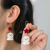 Xpoko Christmas Gifts Cute Resin Ghost Drop Earrings for Women Red Bowknot Star Ghost Earring Christmas Halloween Festival Party Jewelry Accessories