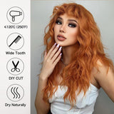 Xpoko Synthetic Orange Cosplay Wig with Wavy Bangs Ginger Copper Long Curly Wave Wigs for Women Halloween Party Heat Resistant Hair