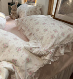 Xpoko  -  Romantic sweet pink floral rose bedding set,twin full queen ruffled lace cotton home textile bedspread pillow case duvet cover