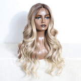 Xpoko Synthetic Long Lace Wig Ombre Honey Blonde Wavy Wig for Women 26 Inch Curly Natural Looking Heat Resistant Fiber for Daily