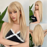 Xpoko Synthetic Long Straight Black Natural Hair Wig With Fluffy Bangs for Women Afro Cosplay Party Daily Wig Heat Resistant Fibre