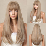 Xpoko Brown Highlight Synthetic Wigs Long Silk Straight Wig with Bangs Middle Part Natural Brown Daily Wig Heat Resistant