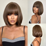 Xpoko Light Brown Short Bob Straight Synthetic Wig With Bangs for Black Women Natural Cosplay Daily Halloween Use Heat Resistant Fiber