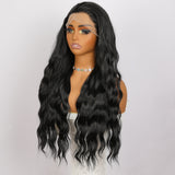 Xpoko 28 inch Black Daily High End Lace Front Wig 13 * 4 Hand Hook Lace Non Glue Synthetic Party Big Wave Wig Black Role Playing Wig