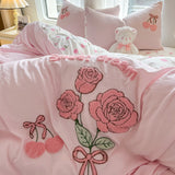 Xpoko  -  Pink Rose Cartoon Bedding Set, Dinosaur, Cat, Bear, Rabbit, Towel Embroidery, Single, Double Duvet Cover, Bed Sheet, Pillowcase