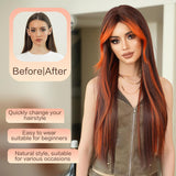 Xpoko Ombre Orange Brown Long Straight Wigs with Curtain Bangs Natural Heat Resistant Synthetic Fiber Layered Auburn Highlight Midlle