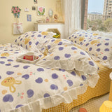 Xpoko Lovely Princess Flower Print Ruffles Bedding Set 100% Cotton Cute Girls Duvet Cover Set with Bed Sheet Kawaii Bedding Sets Soft