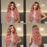 Xpoko Ombre Pink Wavy Wig With Bangs For Women 26 Inch Highlight Wig Natural Looking Heat Resistant Premium Fiber Synthetic Wig