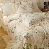 Xpoko  -  Pure Cotton Vintage French Pastoral Country Flowers Print Double layer Lace Ruffles Bedding Set Duvet Cover Bed Skirt Pillowcase