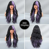 Xpoko Long Wavy Black Wigs for Women Daily Use Layer Highlight Purple Synthetic Wavy Hair Wigs With Bangs High Density Wigs