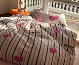 Xpoko  -  Sweet cute pastoral cherry bedding set,twin full queen cotton pink black stripes home textile bed sheet pillow case quilt cover