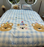 Xpoko  -  Cute cartoon bear blue plaid bedding set single double kid,twin full queen cotton home textile bed sheet pillow case quilt cover