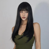 Xpoko Synthetic Long Straight Black Natural Hair Wig With Fluffy Bangs for Women Afro Cosplay Party Daily Wig Heat Resistant Fibre