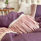 Xpoko Luxury Purple Patchwork Pleat Bedding Set Korean Style 100% Cotton Princess Lace Duvet Cover Bedsheet Bed Skirt Pillowcases