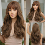 Xpoko Long Wavy Brown Synthetic Wig Long Curly Wig with Bangs for White Women Korean Daily Party Cosplay Christmas Heat Resistant Hair