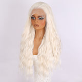 Xpoko For Daily Use By Black Women Role-Playing Wig Synthetic Lace Long Hair Curly Silver Synthetic Wig Bangs White Wavy Wig Suitable