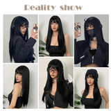 Xpoko Synthetic Long Silky Straight Wigs with Bangs Black Cosplay Party Lolita Hair Wigs for Women Natural Heat Resistant Wig