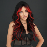 Xpoko Loose Body Wave Black Highlight Red Wig for Women Daily Party High Density Synthetic Middle Part Hair Wig with Curtain Bangs