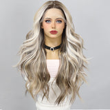 Xpoko Handmade T-shaped Lace Wig High-End Gray Women's Wig Gradient Color Daily Large Wave Curly Hair Party Lolita Cosplay Women Wig