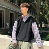 Xpoko Fake two-piece sweater for men in autumn style thin shirt collar bf Korean style chic jacket top student knitted sweater trendy