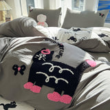 Xpoko  -  Pink Rose Cartoon Bedding Set, Dinosaur, Cat, Bear, Rabbit, Towel Embroidery, Single, Double Duvet Cover, Bed Sheet, Pillowcase