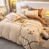 Xpoko Super Soft Warm Cosy Flannel Velvet Fleece Cartoon Bear Embroidery Child Bedding Set Duvet Cover Flat/Fitted Sheet Pillowcases