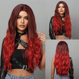 Xpoko Burgundy Wine Red Long Wavy Synthetic Hair Wigs for Women Afro Red Body Wave Halloween Cosplay Natural Wig Daily Heat Resistant