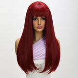 Xpoko 26in Natural Wine Red Cosplay Synthetic Wig With Long Straight Hair And Bangs Suitable For Black Women's Parties Daily Halloween