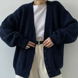 Xpoko New Korean retro dark blue V neck knitted cardigan trendy ins style solid color versatile thickened sweater jacket casual y2k