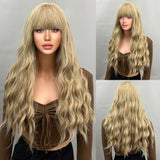 Xpoko 24 Inches Long Wavy Brown Blend Wigs for Women Natural Synthetic  Heat Resistant Wigs with Bangs for Daily Party Cosplay Use (B