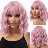 Xpoko Synthetic Pastel Wavy Wig With Bangs Ladies Short Style Pink Wig Role Play Suitable For Girls Daily Use Wig