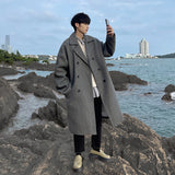 Xpoko Men Winter Outfit Long Dust Coat Men Winter Korean-style Trench Mens Solid Double Breasted Woolen Cloth Coat Loose Casual Trenchcoat Outwear