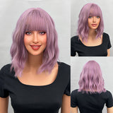 Xpoko Short Black Wigs with Bangs Synthetic Wavy Bob Wig for Women Synthetic Curly Pastel Bob Wig for Girl Colorful Cosplay Wigs