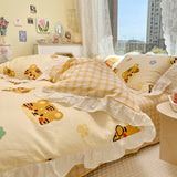 Xpoko Lovely Princess Flower Print Ruffles Bedding Set 100% Cotton Cute Girls Duvet Cover Set with Bed Sheet Kawaii Bedding Sets Soft