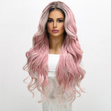 Xpoko Women Wig Long Curly Hair With Large Waves Pink Color Natural White Center Split Wig Women