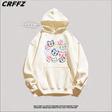 Xpoko Korean lazy style white hooded sweatshirt for women cute and fun cartoon cat print sweatshirt for men casual niche couple wear