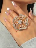 Xpoko Adjustable Flower Shape Hollow Rhinestone Rings Accessories