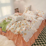 Xpoko Korean Ins Rose Pastoral Lace Quilt Cover Washed Cotton Princess Bedding Sets Bed Skirt Ruffles Pillowcase Woman Duvet Cover