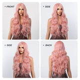 Xpoko Pink Synthetic Women's Front Lace Wig Long Wavy Pink Wigs for Women Afro Cosplay Daily Party High Density Heat Resistant Hair