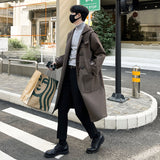 Xpoko Men Winter Outfit Korean-style Woolen Trench Men Horn Button Casual Long Windbreaker Winter Hooded Jacket Coats Fashion Trenchcoat