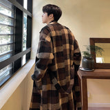 Xpoko Men Winter Outfit Autumn Winter Plaid Trench Medium Length Woolen Coat With Belt Korean Loose Casual Fashion Double-breasted Couple Outwear