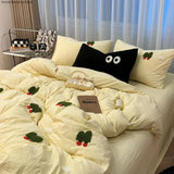 Xpoko Ins Cartoon Cute Dog Bedding Set Towel Embroidery Duvet Cover Queen Twin Full Size Pink Bed Flat Sheet Quilt Cover Pillowcases