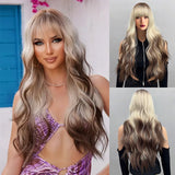 Xpoko Blonde Wig With Bangs Long Wavy Curly Ombre Wig with Dark Root Synthetic Heat Resistant Wigs for Women Daily Party Use 32Inch