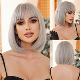 Xpoko Light Brown Short Bob Straight Synthetic Wig With Bangs for Black Women Natural Cosplay Daily Halloween Use Heat Resistant Fiber