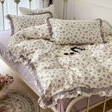 Xpoko  -  French Small Floral Printed Bedding Set, Double Layer Lace Ruffles, 100% Cotton, Duvet Cover Set, Bed Linen, Pillowcases