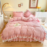 Xpoko Egyptina Cotton Bedding Set Luxury Pink Lace Ruffle Duvet Cover Bedspread Bed Skirt Pillowcases Korean Princess Home Textile