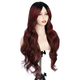 Xpoko Synthetic Lace Wigs 28" Ombre Dark Red Color Hair with Bang Long body Wavy Wig For Women Lace Wig Heat Resistant Cosplay Wigs