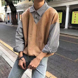 Xpoko Fake two-piece sweater for men in autumn style thin shirt collar bf Korean style chic jacket top student knitted sweater trendy