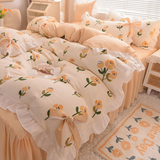 Xpoko Pastoral Style Bedding Set Cotton 3/4pcs Floral Duvet Cover with Pillowcases Cute Flowers Bed Skirtwith Zipper Quilt Cover